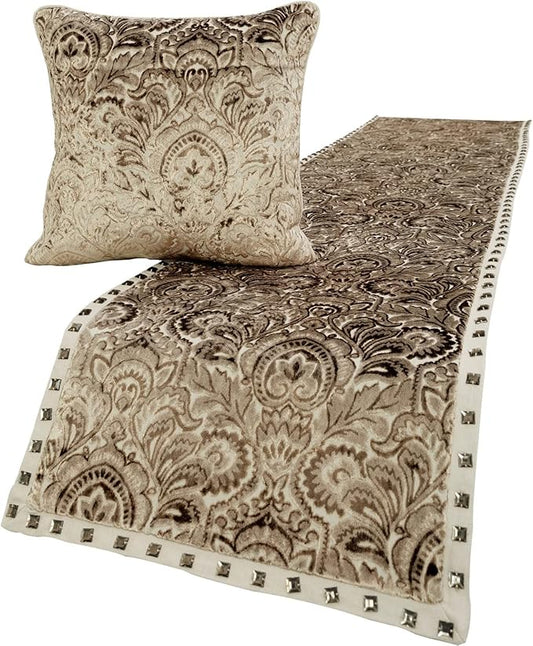 The HomeCentric King/Queen/Twin Beige Decorative Full 68"x18" Bed Runner with 2 Pillow Cover, Velvet Damask & Crystal Border Bed Scarf on Velvet Fabric - Henriretta