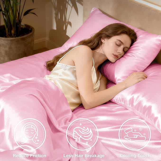 Love's cabin Twin XL Satin Sheet Sets - 3 Piece Pink Silky Bed Sheets with Deep Pockets, Luxury Silk Feel Satin Sheet Set Twin XL (1 Flat Sheet,1 Fitted Sheet,1 Pillow case)