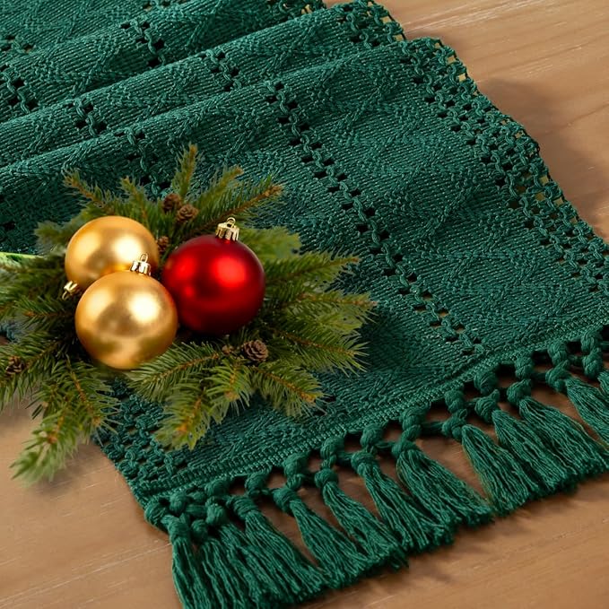 Socomi Boho Table Runner Macrame Long Easter Spring Farmhouse Woven Cotton Linen Rustic Coffee Table Runner with Tassels for Dresser Scarf Home Decor Dining Room 12x108 inch Emerald Green