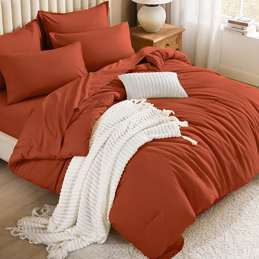 Litanika Burnt Orange Comforter Queen Size Set - 7 Pieces Terracotta Bed in a Bag Queen Bedding Comforter Sets, Plain Lightweight Bed Set with Comforter, Sheets, Pillowcases & Shams