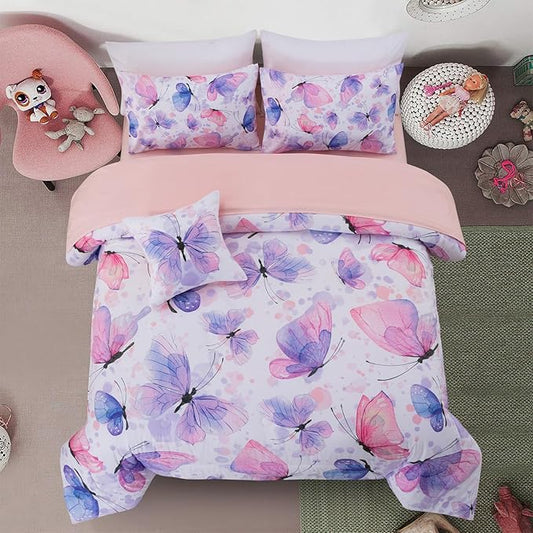 A Nice Night 6pcs Full Bed in A Bag Watercolor Ink Wash Tie-Dye Butterfly Printed, Butterflies Flying Bedding Comforter Set, Purple