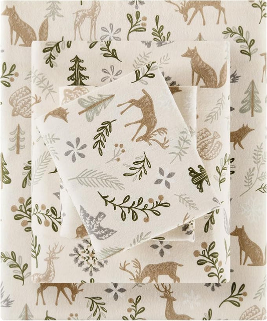 Sleep Philosophy True North 100% Cotton Flannel Sheets Cal King Size, Cozy Flannel Sheet Set Brushed for Extra Softness, Heavyweight Novelty Print Warm Flannel Bedding Set, Tan Woodland Winter 4 Piece