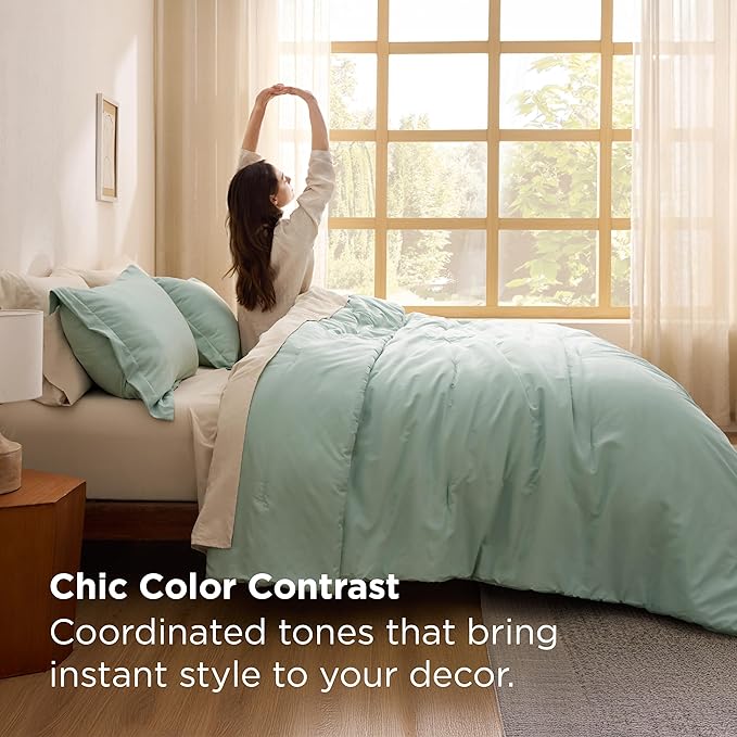 Bedsure Queen Comforter Set - 7 Pieces Sage Green Queen Bedding Set for All Seasons, Boho Contrasting Design Bed in a Bag with Comforter, Sheets, Pillowcases & Shams