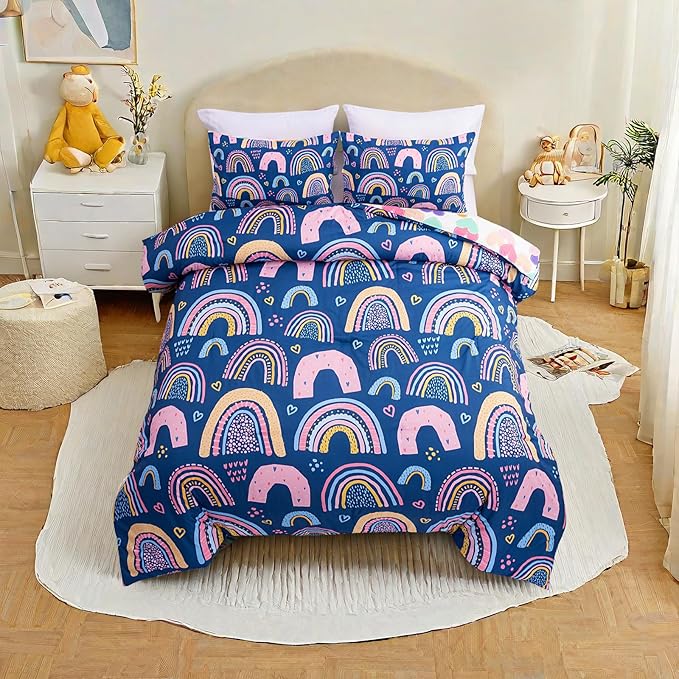 Btargot Lightweight Soft 3 Piece Rainbow Comforter Set with 2 Pillow Covers, Cartoon Love Hearts Suns and Stars Bedding Set for Girls Boys Kids, Full Dark Blue