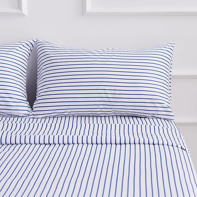 Queen Blue Striped Bed Sheet Set 4 Piece with 16-Inch Deep Pockets- Super Soft & Wrinkle Free Stripe Bed Sheets - Hotel Luxury Blue White Striped Pinstripe Bedding for All Season