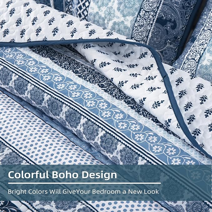 WONGS BEDDING Boho Quilt Set Twin Size, Navy Blue Bohemian 2 Pieces Quilt Sets, Lightweight Bedspread Coverlet Bedding Set for All Season (68"x86")