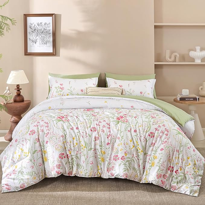 Yiran 7 Piece Floral Full Size Comforter Set, Pink Green Cute Comforters Bedding Set for Women Girls,Botanical Bed in a Bag Soft Lightweight Coquette Bedding Set with Sheets All Season