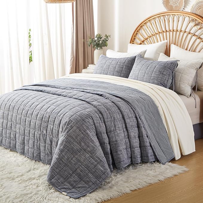 Navy Quilts Queen Size， Cotton Bedspreads Queen Size，3-Pieces Queen Quilt Set with Blue Stripe Bedding Coverlet Light Weight Quilted Blanket with 2 Pillow Shams