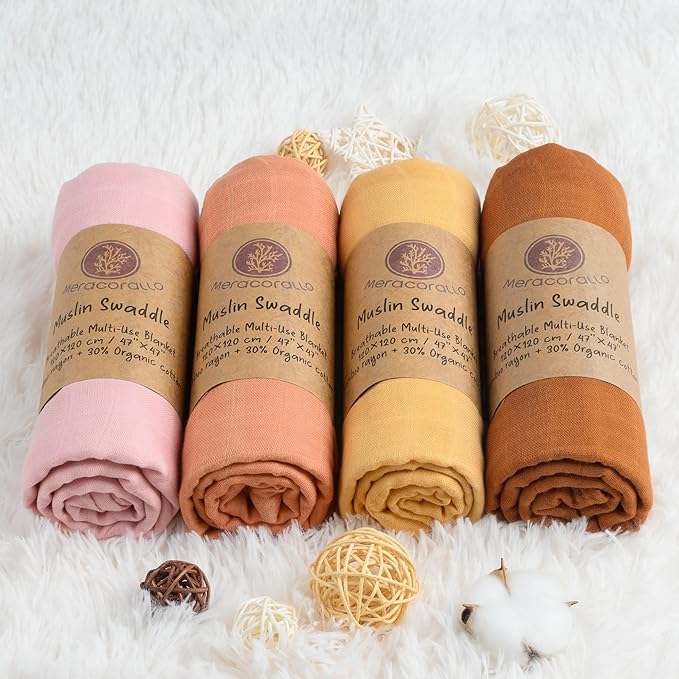 Meracorallo Muslin Swaddle Blanket Silky Soft Receiving Blanket Swaddle Wrap for Baby Boys and Girls, Large 47 x 47 inches, Set of 4 Solid Color