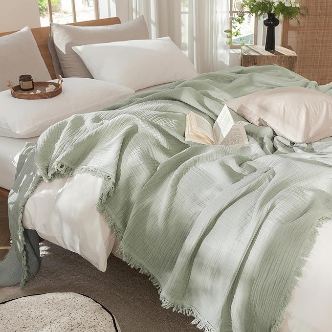 MooMee Muslin Blanket - 100% Cotton 4-Layer Gauze Throw Blanket with Tassels Ultra-Soft Breathable Lightweight Cooling for Bed Couch (Sage Green,King 104" x 90")
