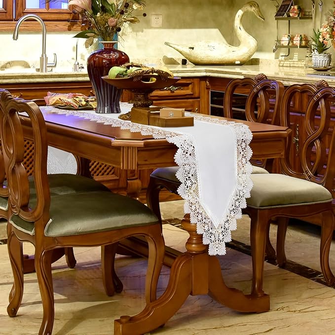 Elegant Vintage White Table Runner 72 inches Long with Exquisite Macrame and Embroidered Floral Pattern Perfect as a Dresser Scarf (14X72'')