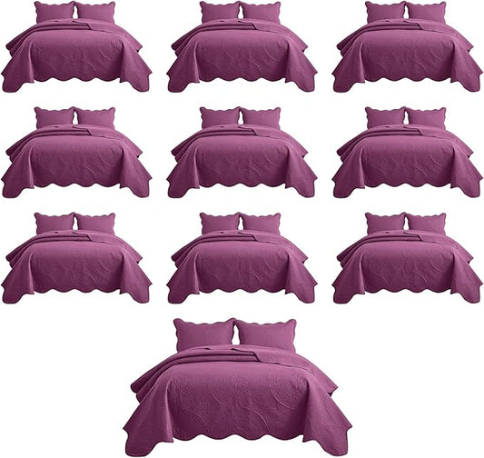 IR Imperial Rooms 10 Pack Twin Quilt Bedding Set (68" x 86") - Bulk Wholesale for Hotels, Guest Bedroom & Airbnbs - Lightweight Microfiber Reversible Floral Embossed Quilts Bedspreads (Purple)