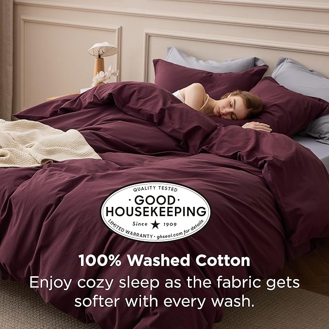 Bedsure 100% Washed Cotton Duvet Cover Queen Size - Burgundy Minimalist Cotton Duvet Cover Linen Like for All Seasons - GentleSoft™ Plain Simple Bedding (Burgundy, Queen, 90"x90")