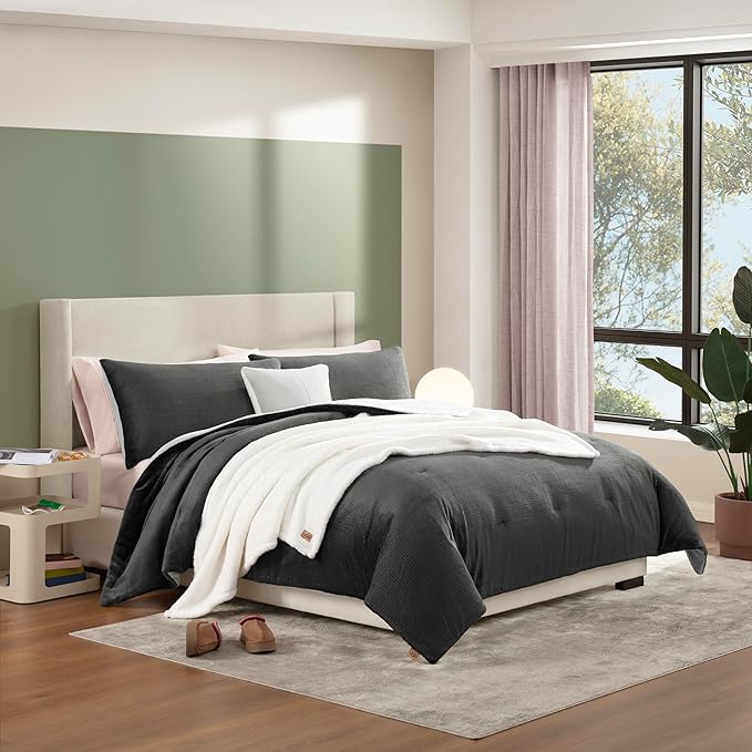 UGG Remina Comforter Set 5 Piece Bed in a Bag with Throw Blanket, Decorative Pillow, Shams, and Reversible Comforter Hypoallergenic Washable Luxury Plush Warm Fluffy Bedding Set, King, Charcoal Grey