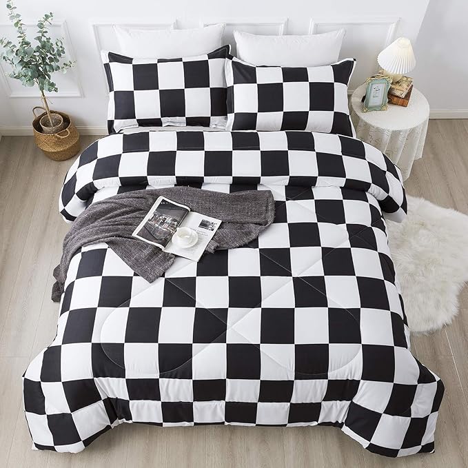 Andency Checkered Comforter King(104x90Inch), Black White Plaid Gingham Bed Set for Teen Boys Kids, Lightweight Microfiber Geometric Preppy Bedding, 3 Pieces