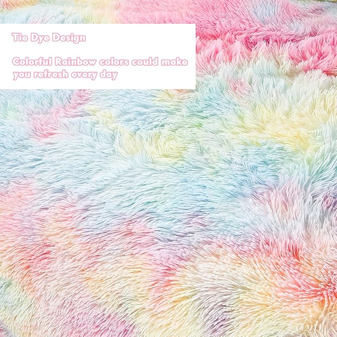 PERFEMET 3 Pcs Faux Fur Pink Comforter Set Queen Fluffy Shaggy Tie Dye Bedding Set for Girls Colorful Rainbow Ultra Soft Plush Velvet Furry Bedding Quilt Set(Pink, Queen)