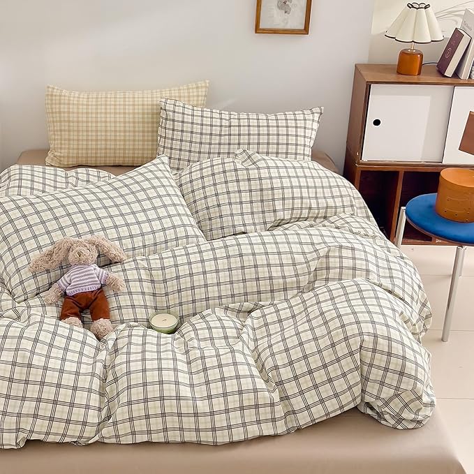 VM VOUGEMARKET Soft Muslin Cotton Duvet Cover Set King Grey White Plaid Checkered Bedding Set Linen Cotton Textured Breathable Comfy Duvet Cover with Zipper Closure