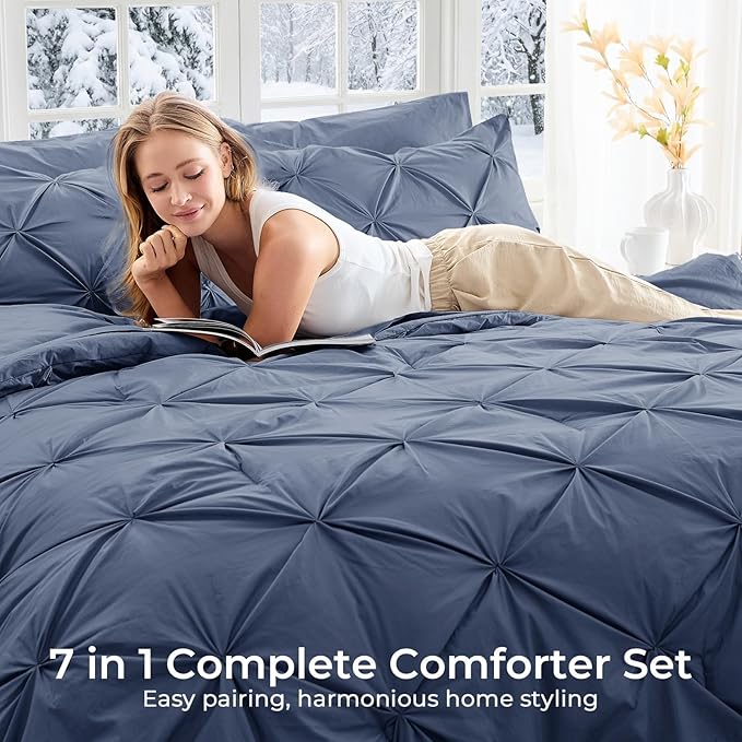 Sasttie Twin XL Comforter Set, 5-Piece Bed in a Bag, Pintuck Bedding Sets for All Season, Includes Comforter, Flat Sheet, Fitted Sheet, Pillowcase and Pillowsham, Indigo Blue