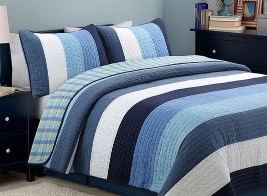 Cozy Line Home Fashions Navy Blue Striped Boy 100% Cotton Reversible Quilt Bedding Set, All-Season Coverlet Bedspread (Preston, Twin - 2 Piece)
