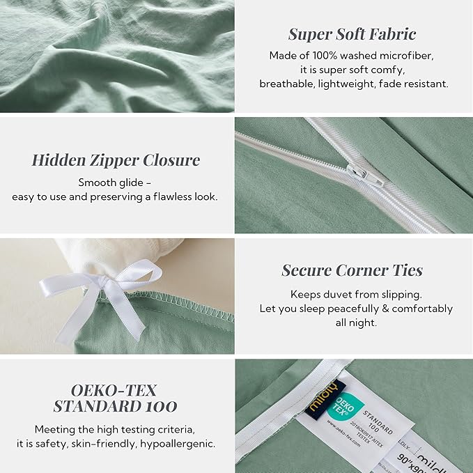 MILDLY Super Soft Duvet Cover 2pcs - 100% Washed Microfiber Sage Green Comforter Cover Set with Zipper Closure & Corner Ties (No Comforter)