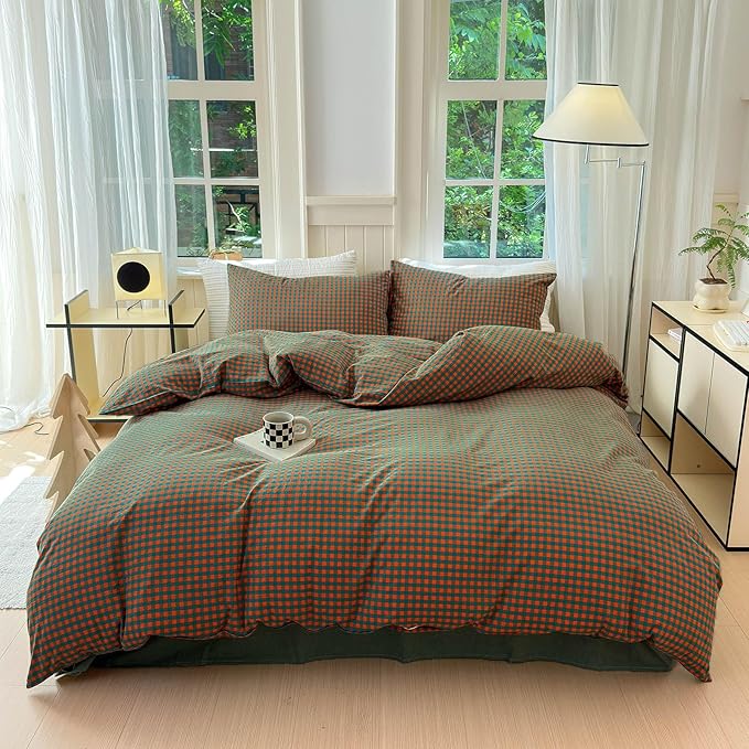 LifeTB Twin XL Comforter Set Orange Green Gingham Comforter with 2 Pillowcases Modern Style Grid Plaid Comforter Set Fluffy Soft Lightweight Gingham Bedding Set Fluffy Checkered Comforter Twin XL