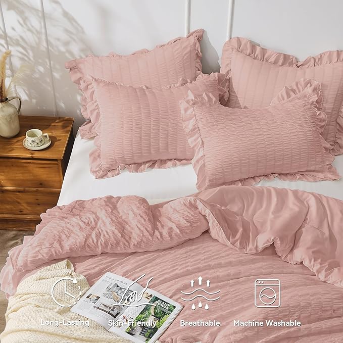 JOLLYVOGUE Queen Comforter Set, 3 Pieces Rose Gold Seersucker Comforters Queen Size, Lightweight & Fluffy Bedding Sets for All Season with 1 Ruffle Comforter and 2 Ruffle Pillowshams