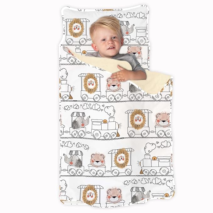 JumpOff Jo Nap Mat for Kids - Cozy Kids Rest Mat with Removable Pillow and Ultra Soft Blanket for Preschool, Daycare, and Sleepovers - Zoo Train