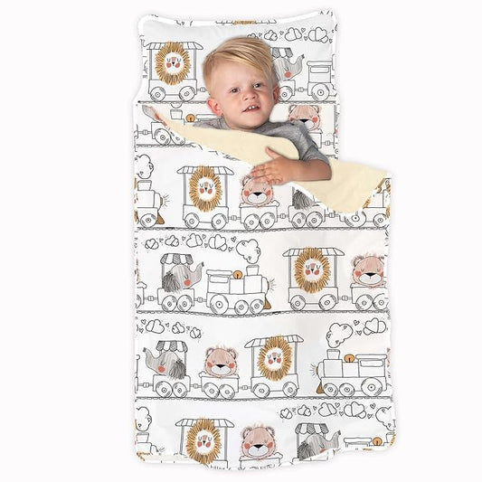 JumpOff Jo Nap Mat for Kids - Cozy Kids Rest Mat with Removable Pillow and Ultra Soft Blanket for Preschool, Daycare, and Sleepovers - Zoo Train