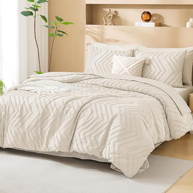 Litanika Twin XL Comforter Set Beige - Boho Tufted Shabby Chic Bed in a Bag for College Dorm, 5 Pieces Cream Fluffy Soft Farmhouse Bed Set for All Seasons