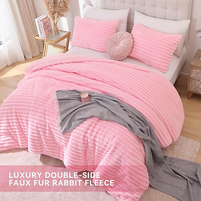 Smoofy Fluffy Full Size Comforter Sets 3 Pieces - Pink Fleece Fluffy Comforter Set, Luxury Fuzzy Full Bed Set, Soft Comforter Full Size All Season, Heavy Faux Fur Comforter with 2 Pillow Cases