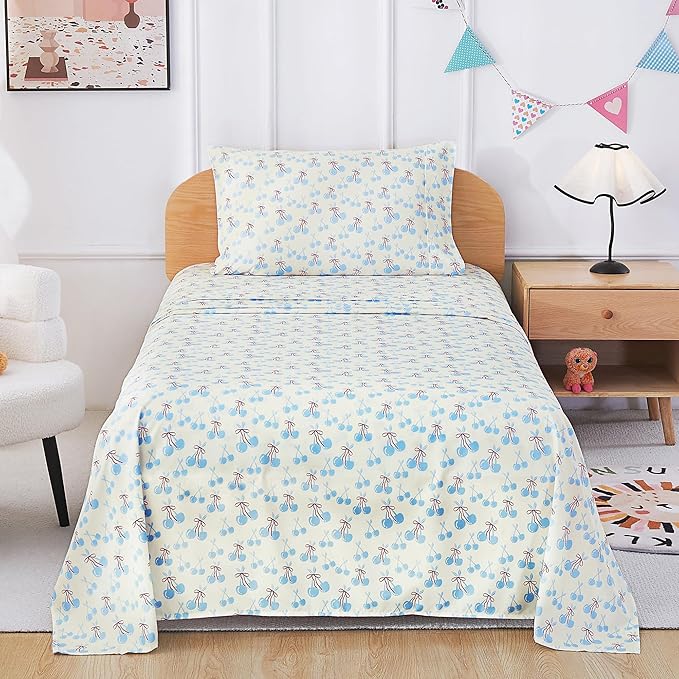 Kids Sheet Set Twin Size, Twin Sheet Set with Blue Cherry Pattern，Breathable Silky Soft Microfiber Kids Fitted Sheet