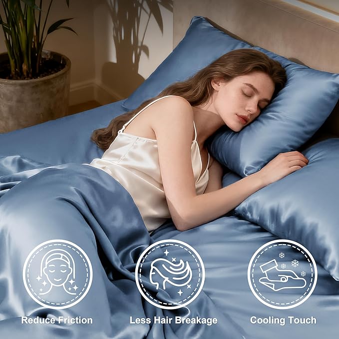 Love's cabin Twin Satin Sheets Sets - 3 Piece Ash Blue Silky Bed Sheets with Deep Pockets, Luxury Silk Feel Satin Twin Size Sheet Set Bedding Set (1 Flat Sheet,1 Fitted Sheet,1 Pillow case)