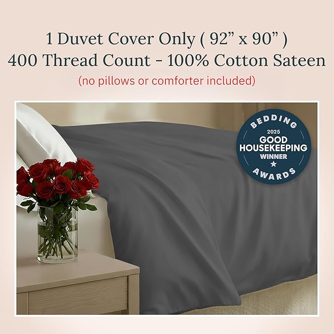 California Design Den Full/Queen 100% Cotton Duvet Cover Only - Winner Good Housekeeping Best Bedding Awards 2025, 400 Thread Count, Sateen Duvet Covers Queen, Button Closure & Corner Ties - Grey