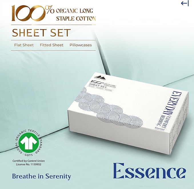 Mayfair Linen 100% Organic Cotton Percale Sheets Twin Size - 3 Piece Set, 16" Deep Pocket, Breathable, Soft Cooling Sheets for Dorm Room - Sea Foam