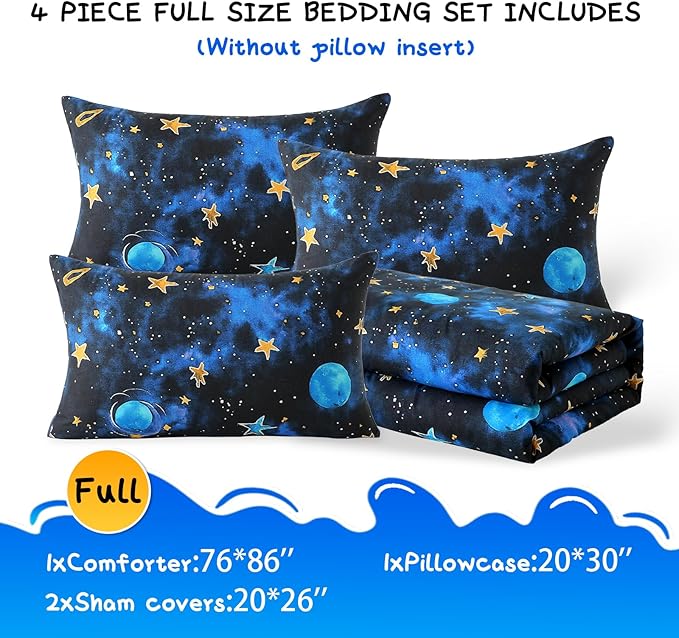 Glow in The Dark Kids Comforter Set, 4 Pieces Blue Space Bedding Set Full Size for Boys Girls Teen, 1 Comforter, 1 Pillowcase, 2 Pillow Shams