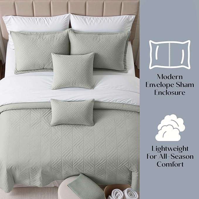 Hearth & Harbor Queen Quilt Set – All-Season Lightweight Bedspread & Coverlet with Pinsonic Weave - 7 Piece Queen Quilt Set with Pillow Shams, London Fog - Queen Diamond