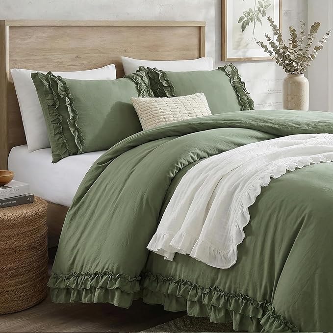 Avocado Green Duvet Cover Queen Ruffled Bedding Set Pleated Ruffle Fringe Shabby Chic Bedding Super Soft Cozy Boho Bedroom Bedding for All Season