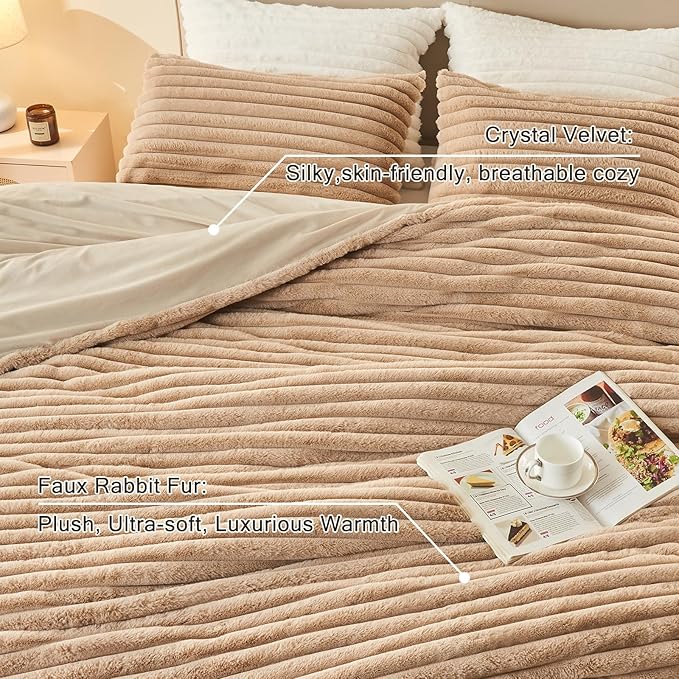 EMME Faux Fur Duvet Cover King Size, 3 Pieces Ultra Soft Fluffy Comforter Cover, Cozy Warm for Winter, Luxury Elegant Shaggy Striped Design Bedding, 1 Duvet Cover & 2 Pillow Shams (King, Taupe)