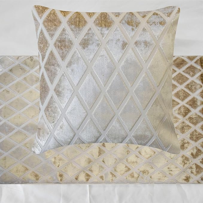The HomeCentric King/Queen/Twin Ivory Decorative Bed Runner CA King 86"x18" With Two Pillow Covers - Diamond Pattern, Velvet Cut Scarf on Fabric - Ivory Verve