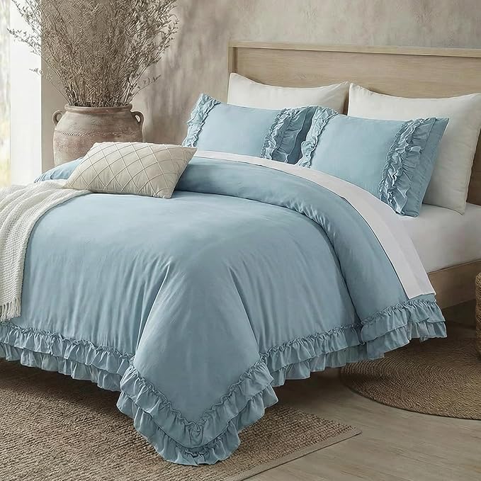 Grayish Blue Duvet Cover King Vintage Ruffled Bedding Shabby Chic Boho Bedroom Decor Super Soft All Season Ruffle Duvet Cover Set