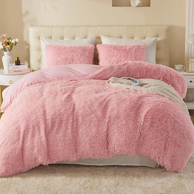 EMME Luxury Fuzzy Duvet Cover Set Queen Size 3 Pieces Pink Fluffy Comforter Cover Set for Queen Bed Shaggy and Plush Soft Bedding Duvet Covers (Pink, Queen)