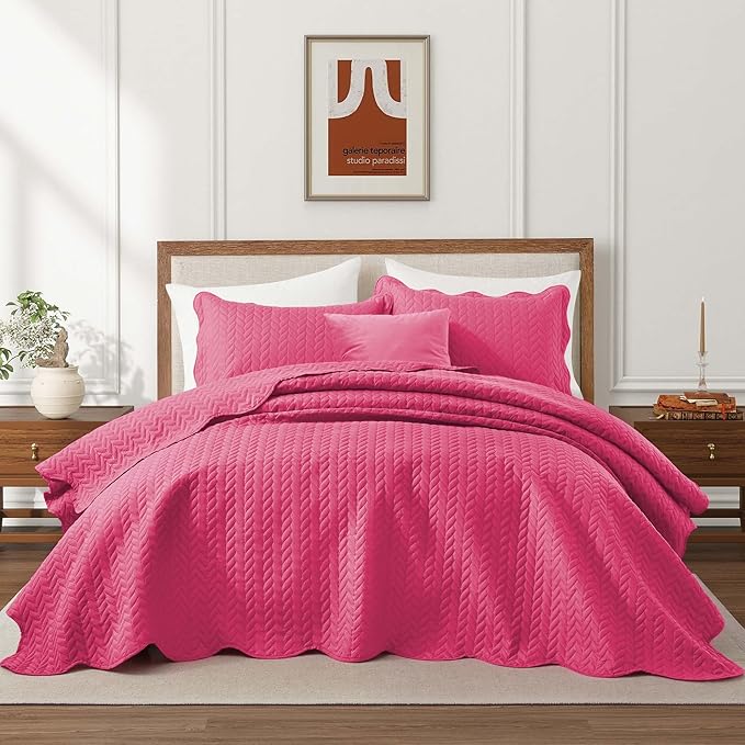 IR Imperial Rooms King Quilt Bedding Set Size (106" x 96") + 2 Pillow Shams (20" x 36"+ 2") - 3 Pcs All Season Lightweight Reversible Microfiber Coverlet Embossed Quilt Bedspread (Pink)
