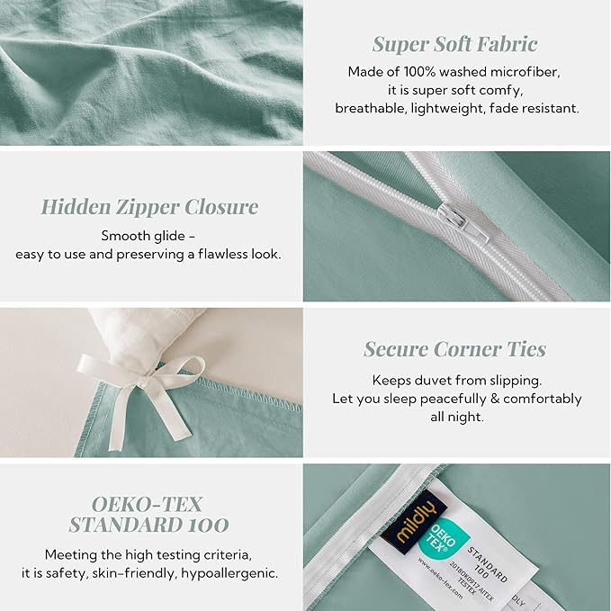 MILDLY Super Soft Duvet Cover - 100% Washed Microfiber Teal Blue Comforter Cover Set 3 Pieces with Zipper Closure & Corner Ties (No Comforter)