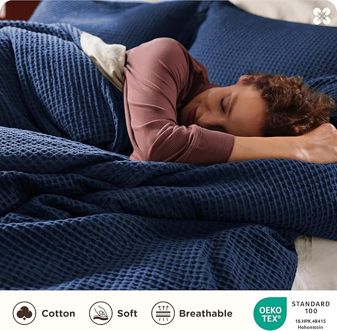 Bedsure Cotton Duvet Cover Set - 100% Cotton Waffle Weave Navy Duvet Cover California King, GentleSoft™ and Breathable Cal King Bedding Set for All Season, 3 Pieces, 104"x98"