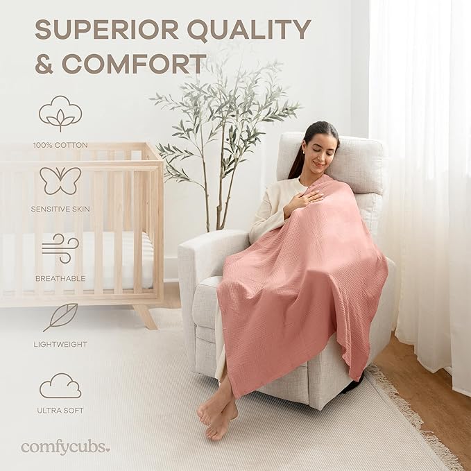 Comfy Cubs Muslin Swaddle Blankets Pack of 3, 42 x 42 Inch Soft 100% Cotton Baby Blanket Set, Large Wraps for Newborns - Self-Soothing Swaddles for Newborns - Blush, Bold Blush, Dusty Rose