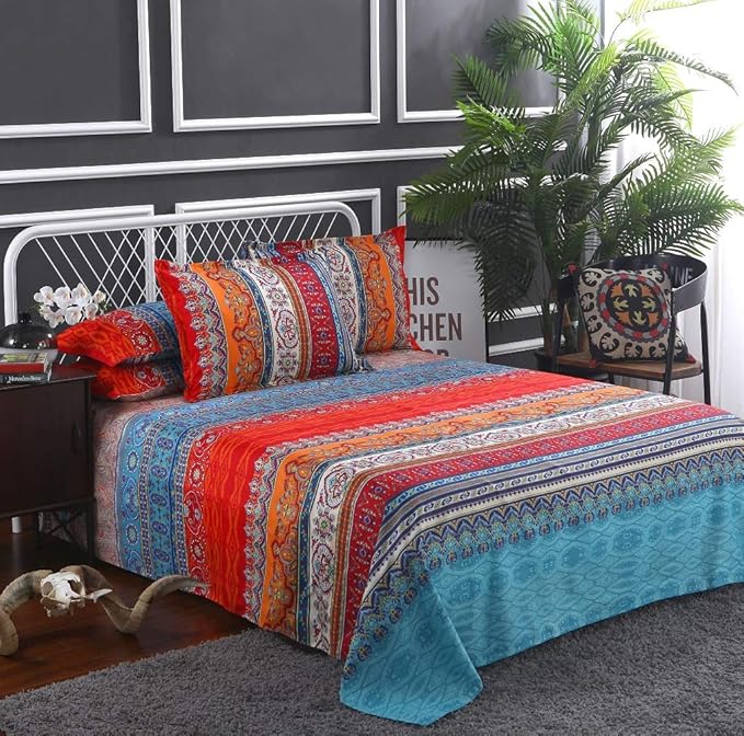 Boho Duvet Cover Queen, 100% Microfiber Ethnic Boho Colorful Bedding Set for Men Women, Blue Yellow Orange Modern Geo Aztec Print Duvet Cover, with Zipper Closure Luxury Soft Durable (Queen, 3pcs)