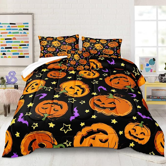 Bedbay Pumpkin Halloween Comforter Set Queen Size Black and Gold Bedding Set Cartoon Pumpkin Festival Themed 4 Pcs Comforter Set Halloween Decorations (Orange,Queen)