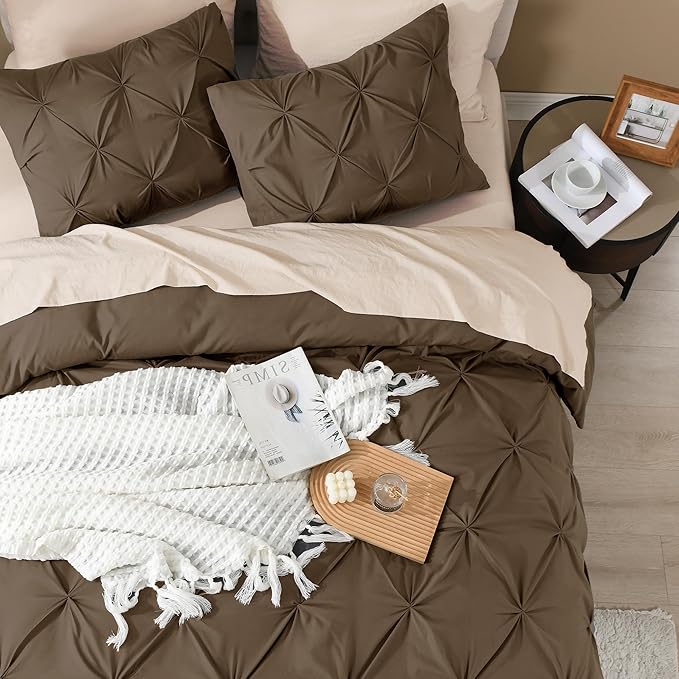 Litanika Brown Oversized King Pinch Pleat Duvet Cover, 3 Pieces Pintuck Cover Soft Microfiber Bedding Set with Zipper Closure & Corner Ties(1 Duvet Cover, 2 Pillowcases)