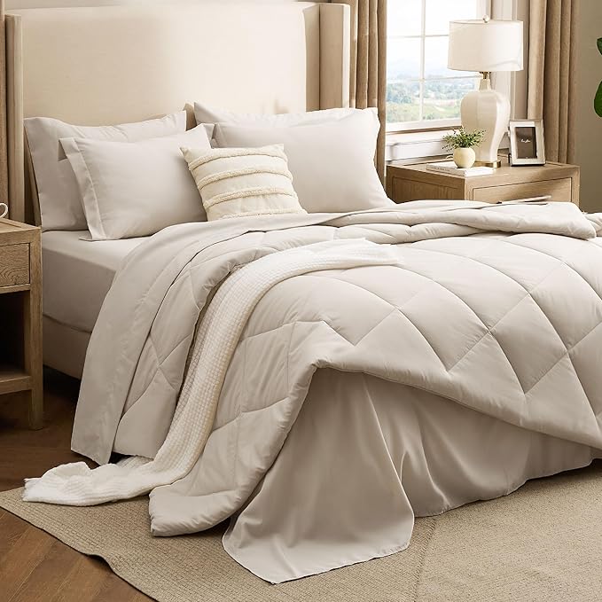 Bedsure 7 Pieces Queen Comforter Set Premium Series, Hotel Luxury Soft Bed in a Bag, Goose Down Alternative, Safe for Sensitive Skin Bedding Comforter All Season Medium Warmth, Beige Queen Size
