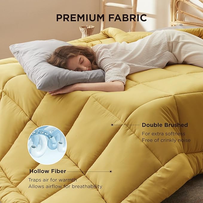 Bedsure Comforter Duvet Insert - Quilted Comforters Twin XL Size, All Season Duvet, GentleSoft Down Alternative Bedding, with 8 Tabs, Gifts for Women/Men, Mustard Yellow, Twin XL 92 x 68 Inches